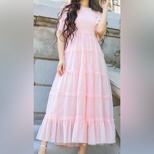 NWOT 🎀 Pink Tiered Swiss Dot Maxi Dress🌸